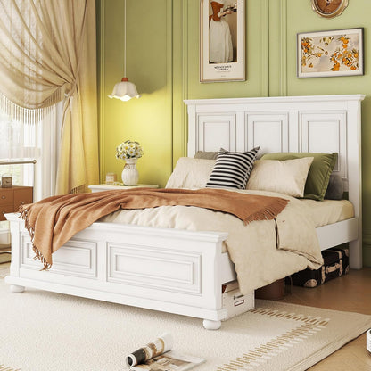 Wood Queen Bed Frame with Tall Headboard and Footboard, Rustic Queen Panel Bed with under Bed Storage, Farmhouse Style, Noise-Free, No Box Spring Needed, White