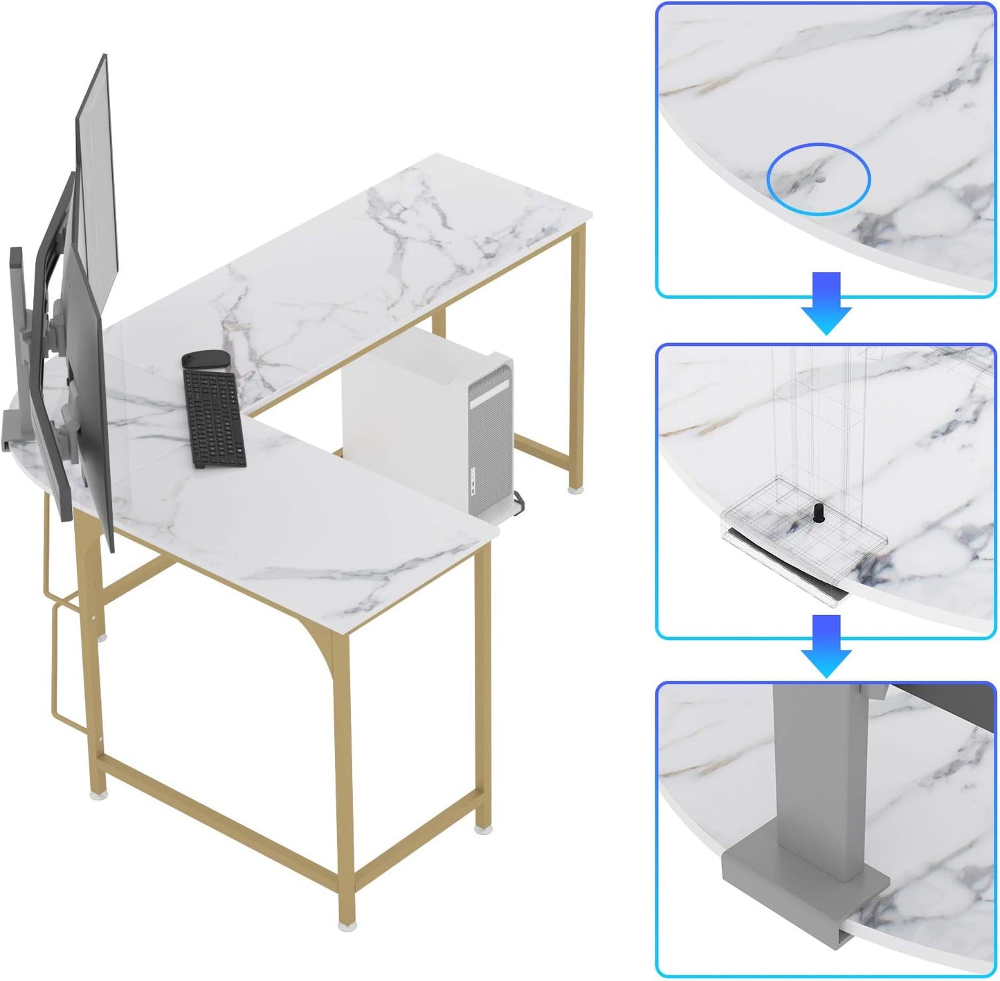 Reversible L Shaped Desk White - 66.1" Corner Gaming Computer Desk, Office Workstation Modern Home Study Writing Table, Marble Gold