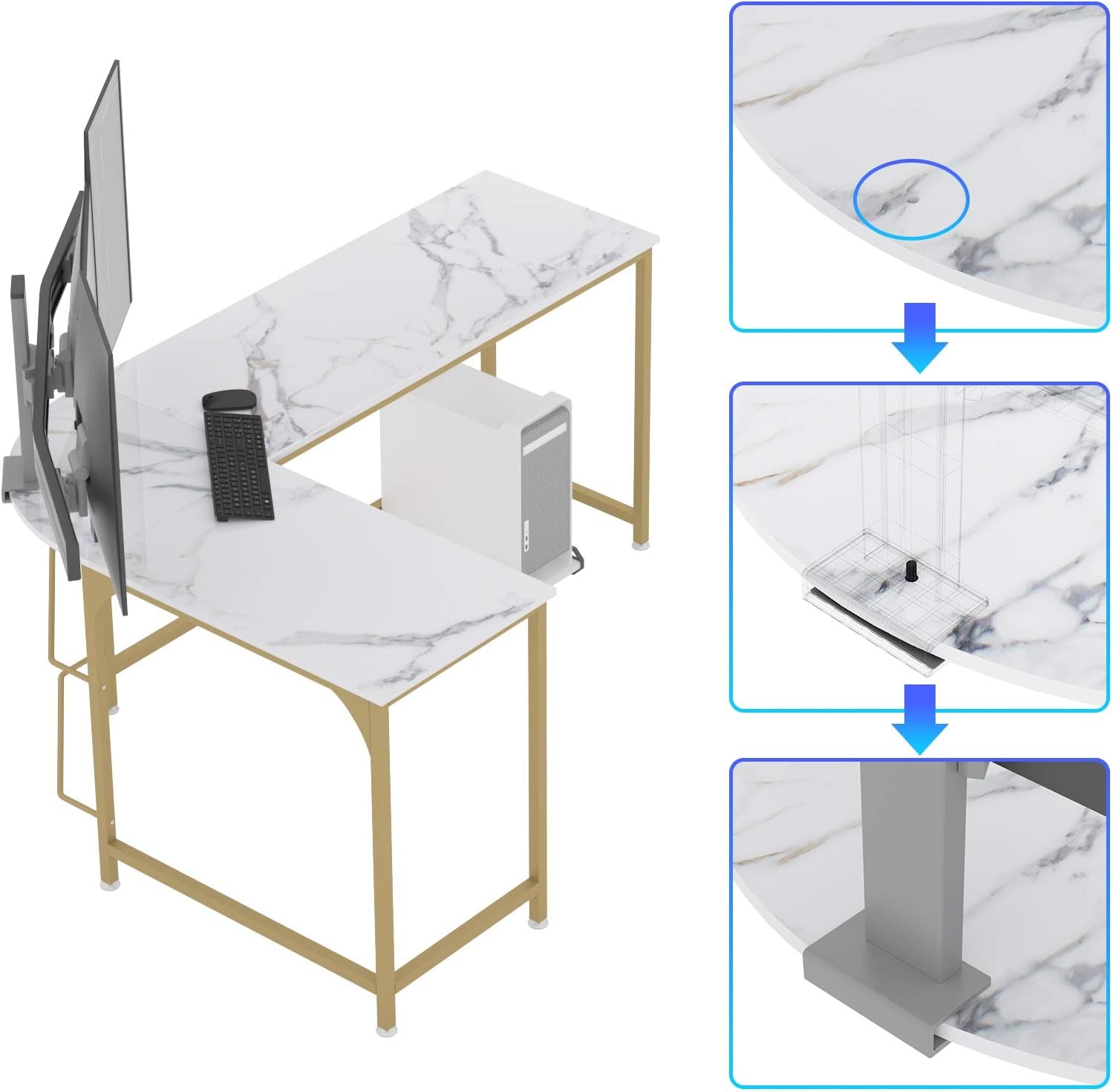 Reversible L Shaped Desk White - 66.1" Corner Gaming Computer Desk, Office Workstation Modern Home Study Writing Table, Marble Gold
