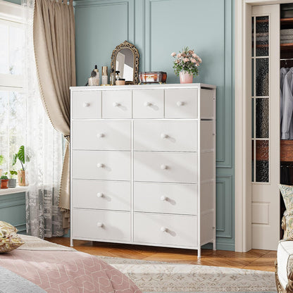 Dressers for Bedroom with 12 Drawers, Fabric Dressers & Chests of Drawers, Sturdy Metal Frame, Wood Top, Entryway, Bedroom Furniture (White)