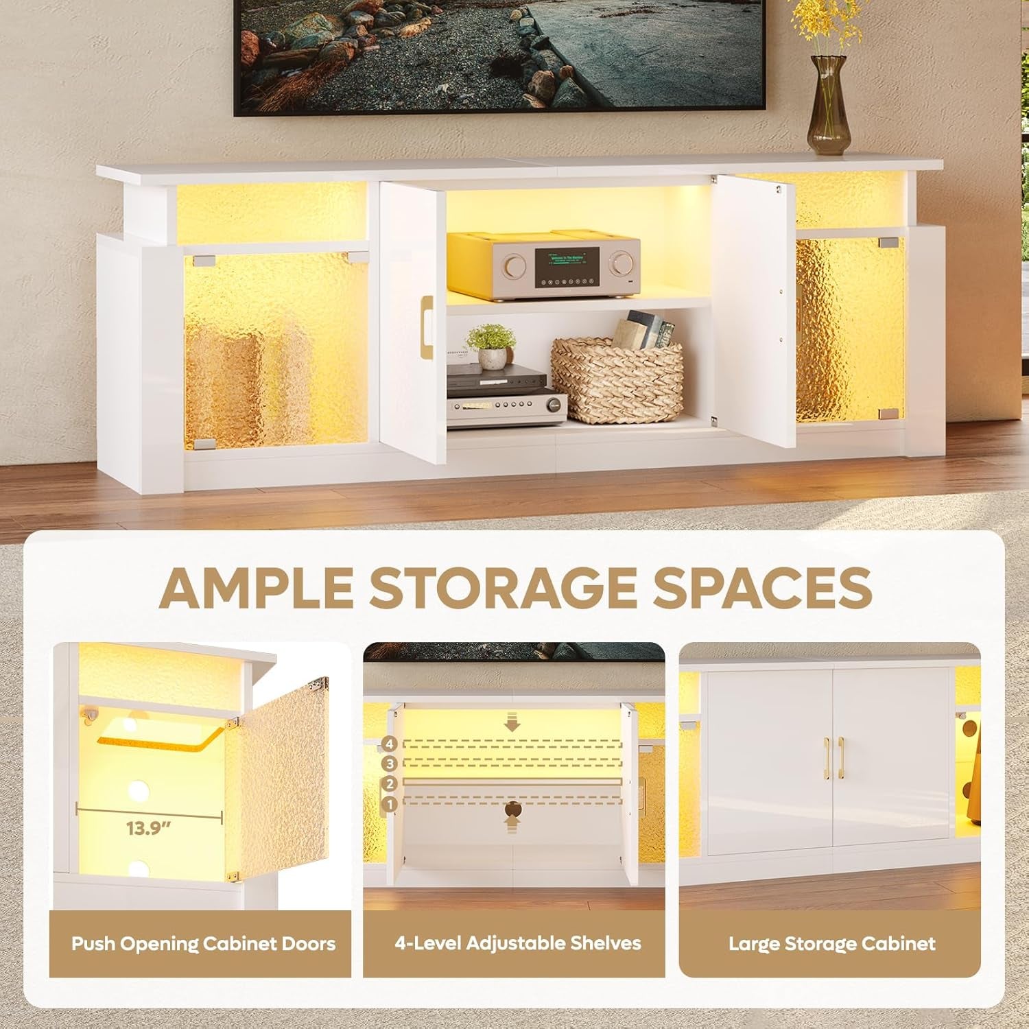 TV Stand for 65/70 Inch TV, High Gloss Entertainment Center with Storage Cabinets & Adjustable Shelves, Modern TV Console with Acrylic Door, TV Stands for Living Room Bedroom (Glossy White)