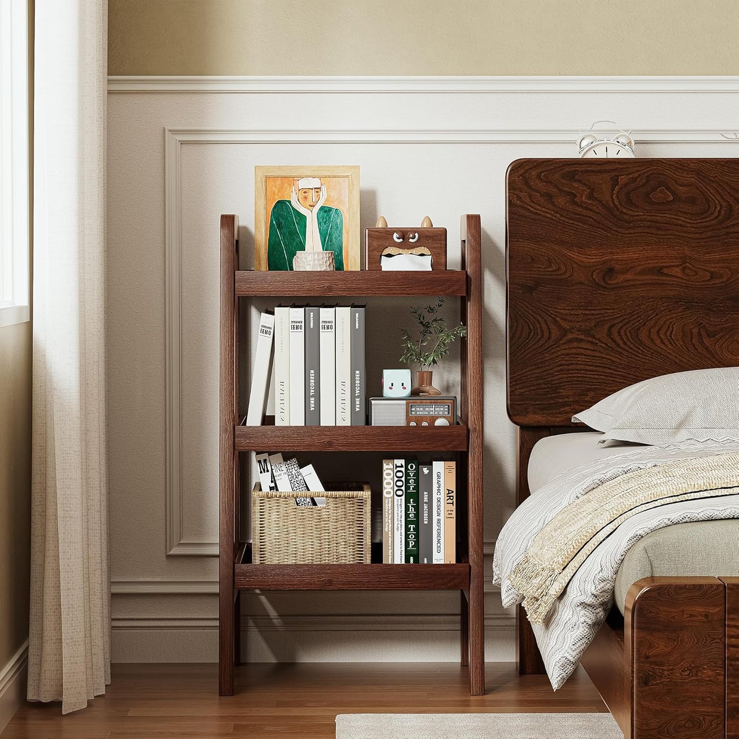 100% Solid Wood 3-Tiers Ladder Shelf, Small Bookcase, Ladder Bookshelf, End/Side Table for Living Room, Display Storage Open Shelf for Bedroom Kitchen Bathroom (Walnut Color)