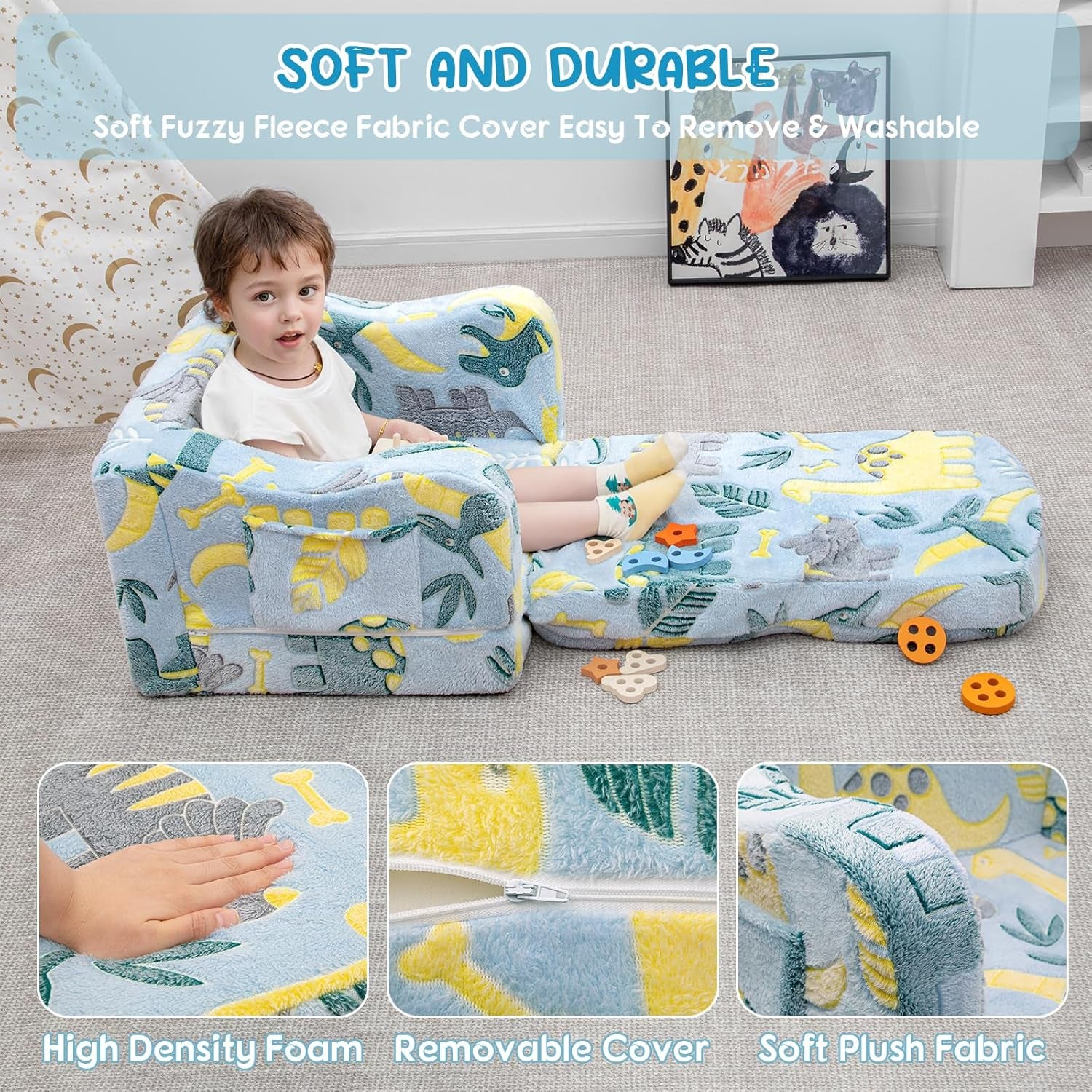 Comfy Toddler Chair and Couch for Kids with Blanket,2-In-1 Soft Plush Fold Out Toddler Couch for Girls and Boys,Convertible Sofa to Lounger for Playroom,Glowing Dinosaur