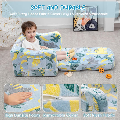 Comfy Toddler Chair and Couch for Kids with Blanket,2-In-1 Soft Plush Fold Out Toddler Couch for Girls and Boys,Convertible Sofa to Lounger for Playroom,Glowing Dinosaur