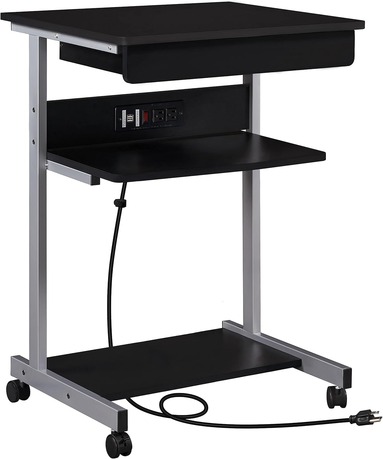 22 in Laptop Computer Table Home Office Desk with Power Outlet for Small Space, Mobile Compact Corner Workstation with Charging Station and USB Ports on Wheels, Student Writing Table, Black