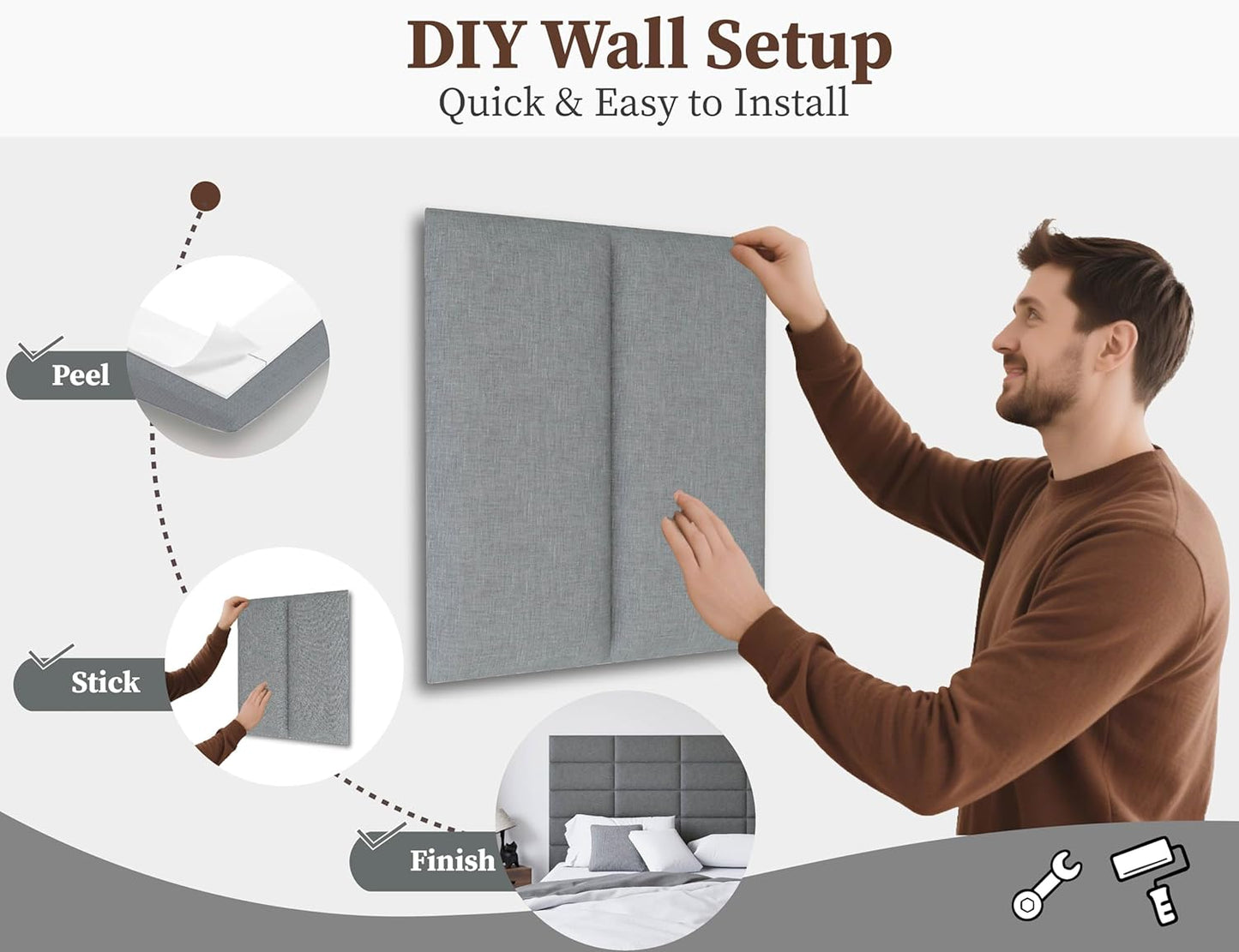 Peel and Stick Upholstered Wall Mounted Headboard Queen Size, 9 Panels Tufted Fabric Headboard,Wall Mounted Headboards, Interior Wall Panels for Bedroom, 10"X24" Dark Grey