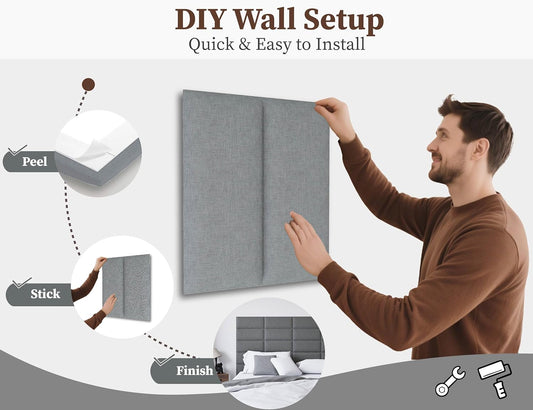 Peel and Stick Upholstered Wall Mounted Headboard Queen Size, 9 Panels Tufted Fabric Headboard,Wall Mounted Headboards, Interior Wall Panels for Bedroom, 10"X24" Dark Grey