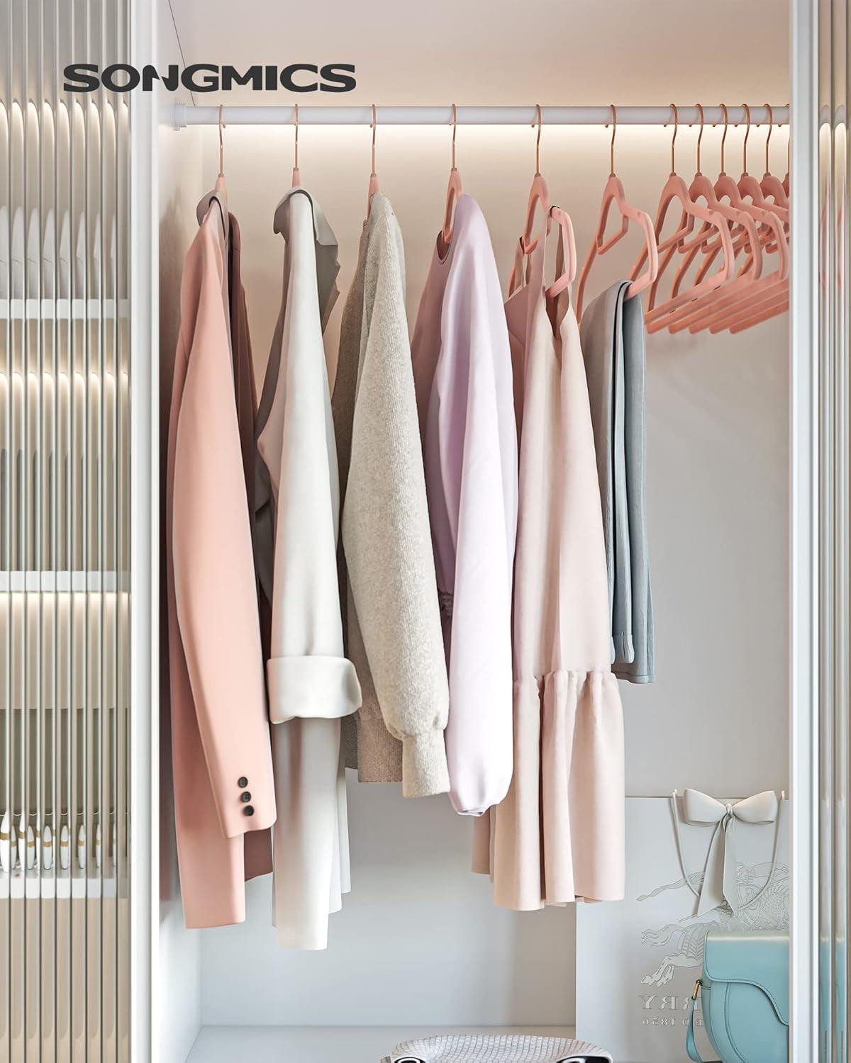 Velvet Hangers, Set of 50 Clothes Hanger with Rose Gold Swivel Hook, Non-Slip, and Space-Saving, 0.2-Inch Thick, 17.1-Inch Long for Coat, Shirt, Dress, Pants, Tie, Coral Pink UCRF21PK50