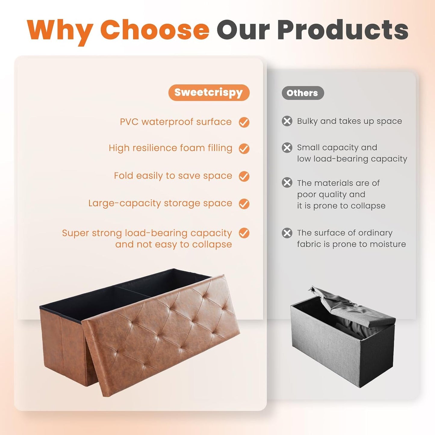 43 Inches Folding Ottoman with Storage Bench, Foot Rest Stool, End of Bed Storage Bench Upholstered, Load 660 Lbs, for Living Room, Synthetic Leather, Brown