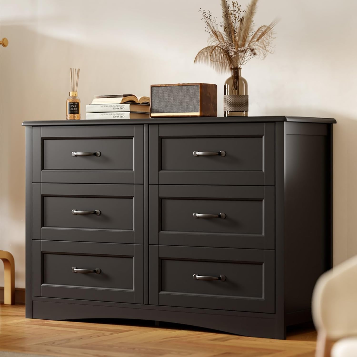 6 Drawer Dresser for Bedroom，47'' Larger Chest of Drawers with Mental Handle for Kids Room, Black Dresser with 6 Storage Drawers for Living Room, Entryway and Hallway, Black