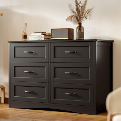 6 Drawer Dresser for Bedroom，47'' Larger Chest of Drawers with Mental Handle for Kids Room, Black Dresser with 6 Storage Drawers for Living Room, Entryway and Hallway, Black