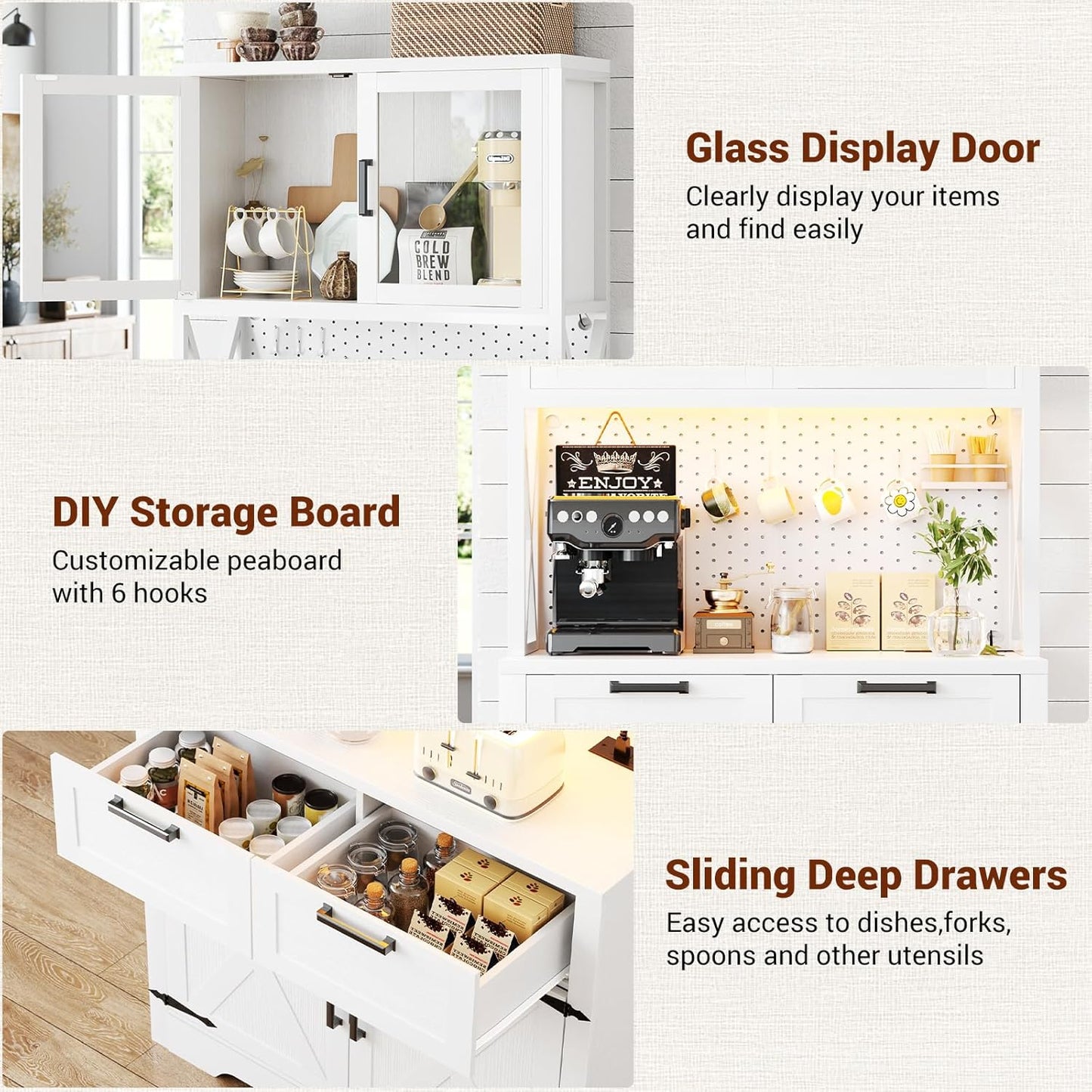 71" Tall Kitchen Pantry Storage Cabinet with LED Light & Outlet, 63" Wide Kitchen Hutch Cabinet with Large Countertop, DIY Pegboard and Drawers, Farmhouse Food Pantry for Living Room,