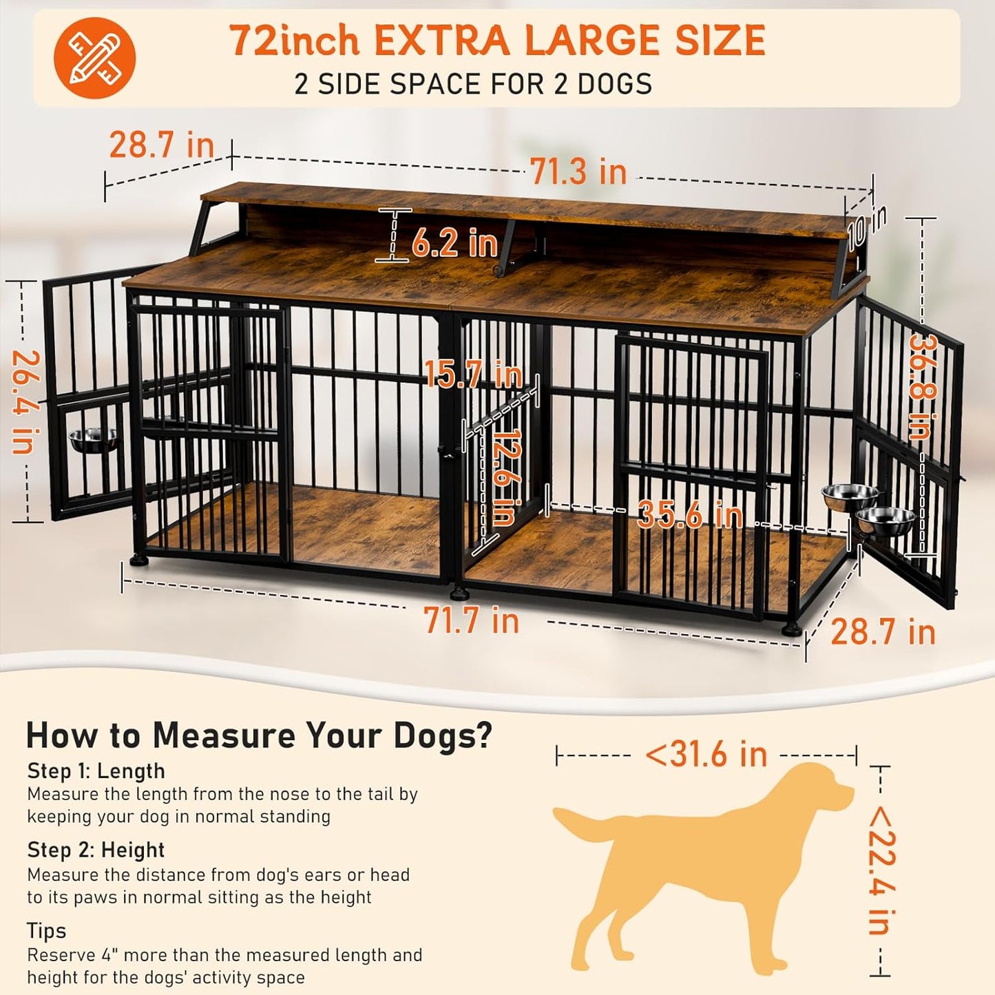 XXL Dog Crate Furniture for 2 Dogs, Extra Large Double Dog Cage Large Breed, Thick Wooden Dog Crate with Storage Rack, 72 Inch Double Dogs House Sturdy Dog Kennel with Removable Divider