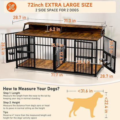 XXL Dog Crate Furniture for 2 Dogs, Extra Large Double Dog Cage Large Breed, Thick Wooden Dog Crate with Storage Rack, 72 Inch Double Dogs House Sturdy Dog Kennel with Removable Divider