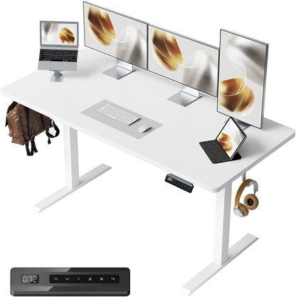 55 X 24 Large One-Piece Standing Desk, Adjustable Height Electric Computer Home Office Sit Stand up Workstation, with 4 Memory Presets, Headphone Hook, White