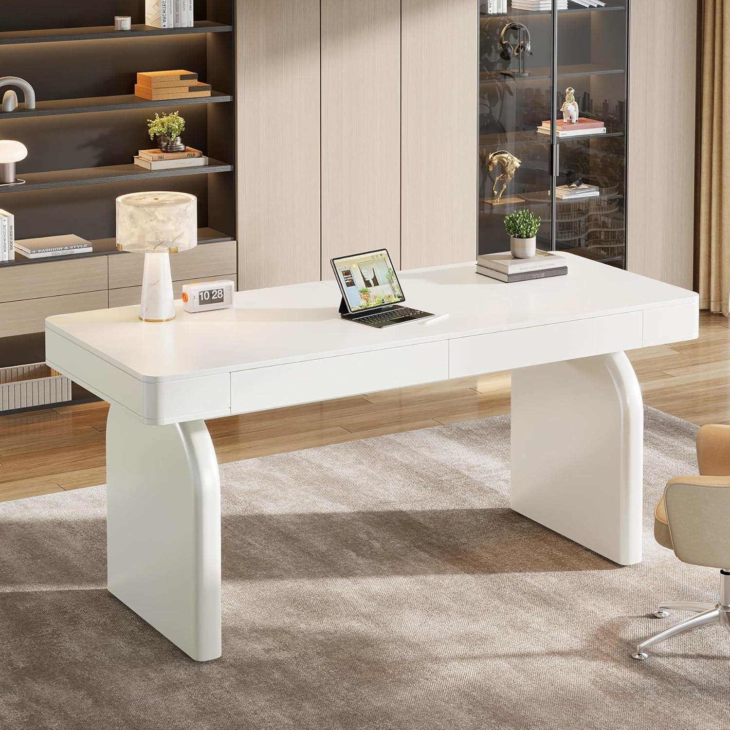 White Desk with Drawers, 63-Inch Modern Executive Office Desk, Glossy Elegant Work Study Desk Writing Table for Home Office, Cream White