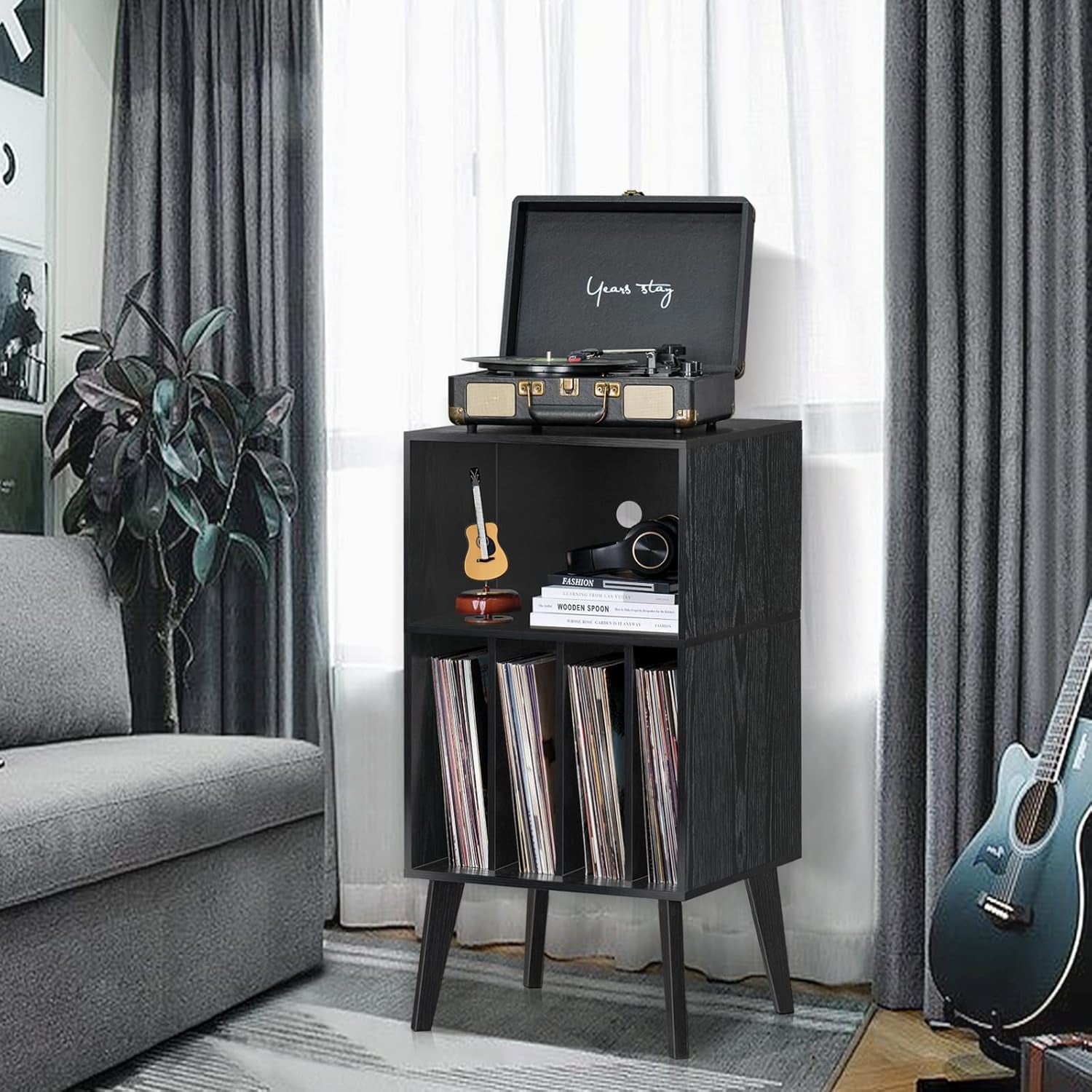 Record Player Stand, Black Turntable Stand Holds up to 160 Albums, Mid-Century Vinyl Storage Cabinet Table with Solid Wood Legs, Record Player Holder Dispaly Shelf for Bedroom Living Room