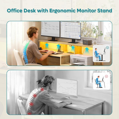 55" Computer Desk with Power Outlets & LED Lights, Home Office Desk with Lockable File Drawer & Printer Shelf, Monitor Stand, Modern Workstation for Gaming Study, Natural Oak