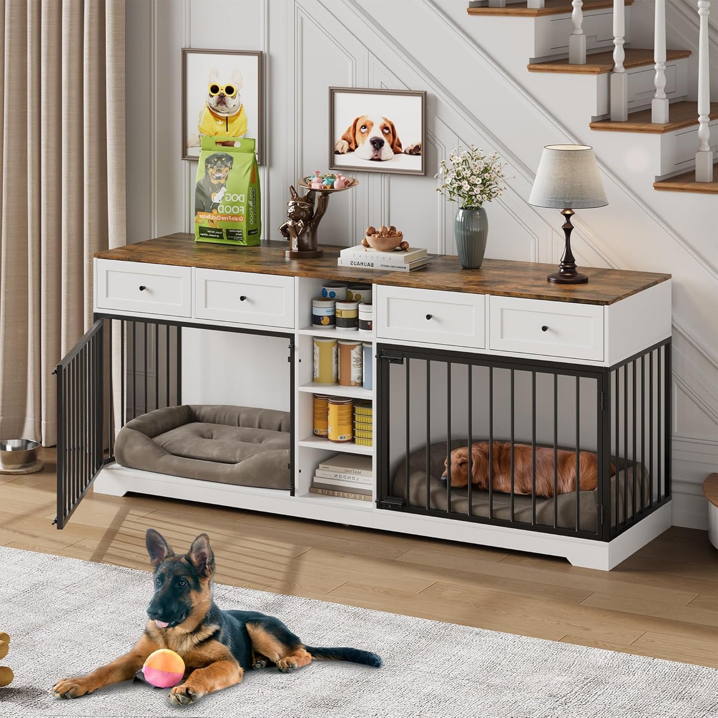 82” Large Dog Crate for 2 Dogs, Dog Kennel Indoor with 4 Drawers and Shelves, Double Dog Crate Furniture TV Stand, Wooden Dog Cage for Medium Large Dogs, White