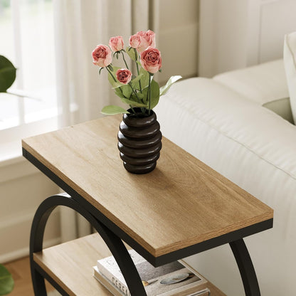 3-Tier End Table, Side Table with Storage Shelves, Small Sofa Side Table for Living Room, Wooden Side End Table with Double round Metal Legs, Slim Nightstand and Bedside Table, Oak