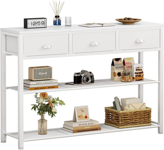 White Entryway Table, 38'' Console Sofa Table with 3 Fabric Drawers, Industrial Entry Way Table with Storage Shelves, Display Shelf for Living Room, Hallway, Entrance, Foyer