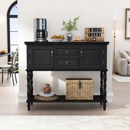 Console Table with 2 Drawers, Retro Entryway Table with 2 Door Cabinets and Open Storage Shelf, Narrow Long behind Couch Sofa Table for Living Room, Foyer, Hallway, Black