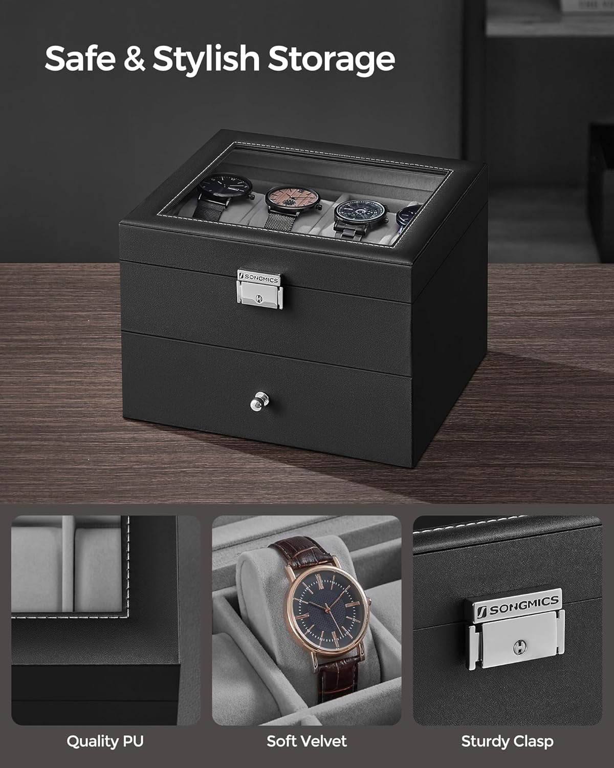 16-Slot Watch Box, Watch Case with Glass Lid, 2 Layers, Lockable Watch Display Case, Black Synthetic Leather, Greenish Gray Lining UJWB016G01
