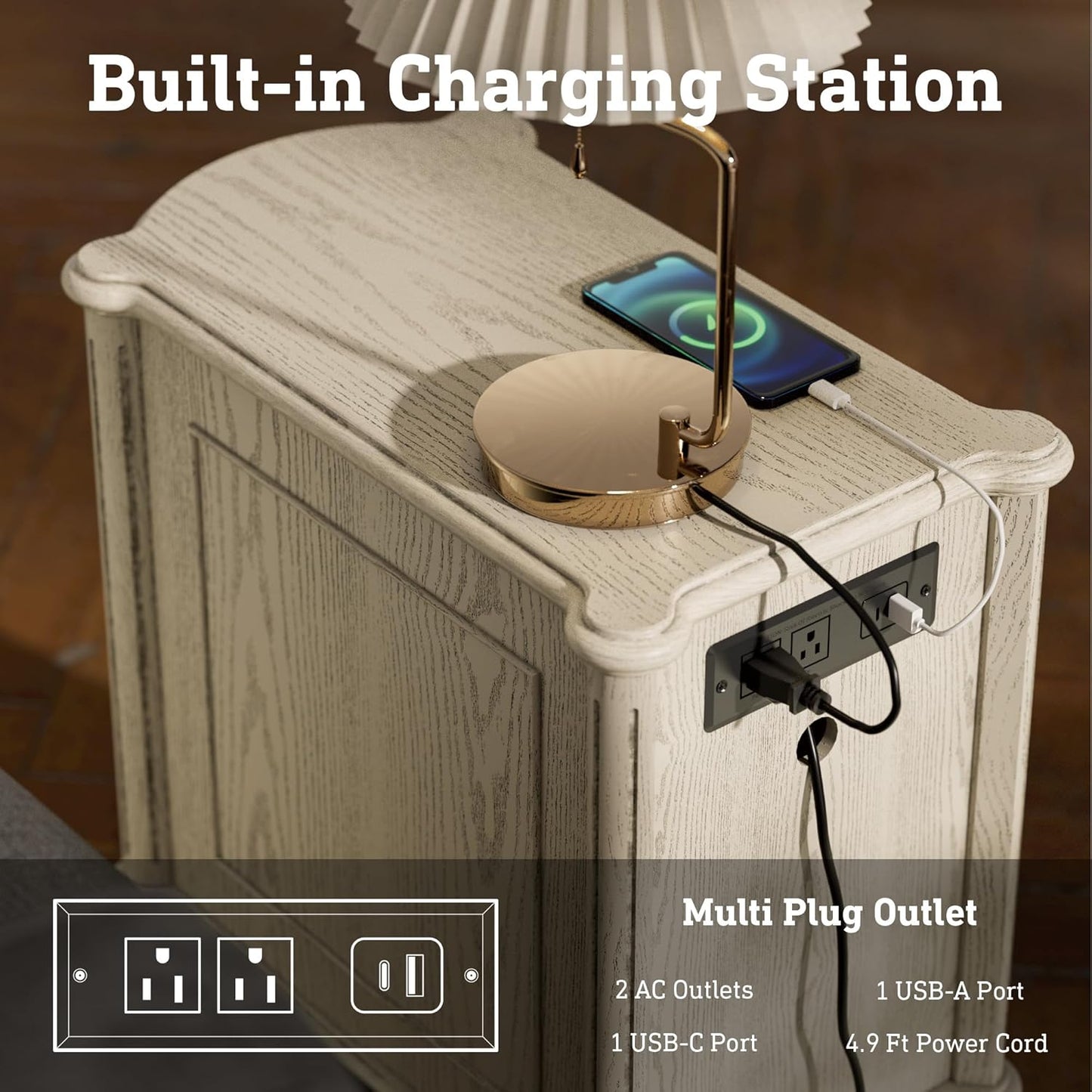 Nightstand W/Charging Station & 3 Drawers, Pre-Assembled, Vintage Side Table W/Antique-Finished Pulls, Rustic Wood Finish, Narrow End Table W/Turned Legs for Bedroom (1, Antique Grey)