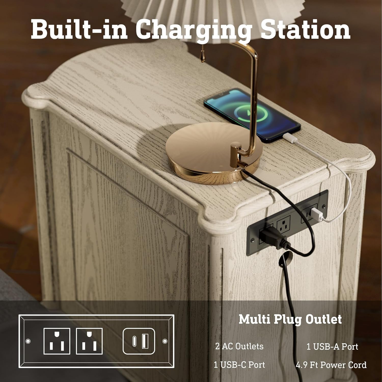 Nightstand W/Charging Station & 3 Drawers, Pre-Assembled, Vintage Side Table W/Antique-Finished Pulls, Rustic Wood Finish, Narrow End Table W/Turned Legs for Bedroom (1, Antique Grey)