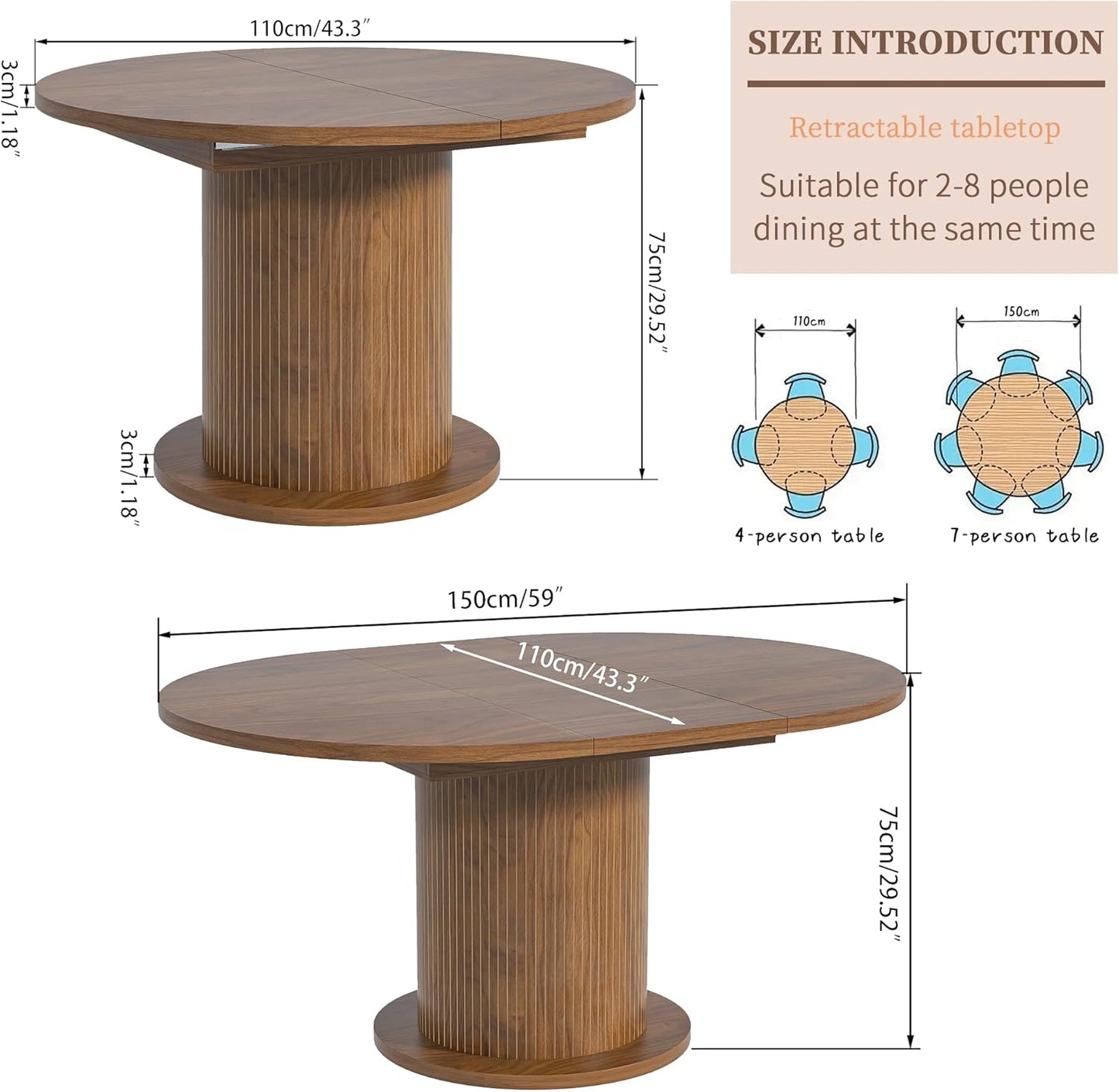 43.3 Inch 59 Inch Adjustable Size round Dining Table for 4 6, Unique Design Modern Farmhouse Kitchen Table, Circle Dining Tables with Wood Strip Base for Kitchen Living Room (Walnut)