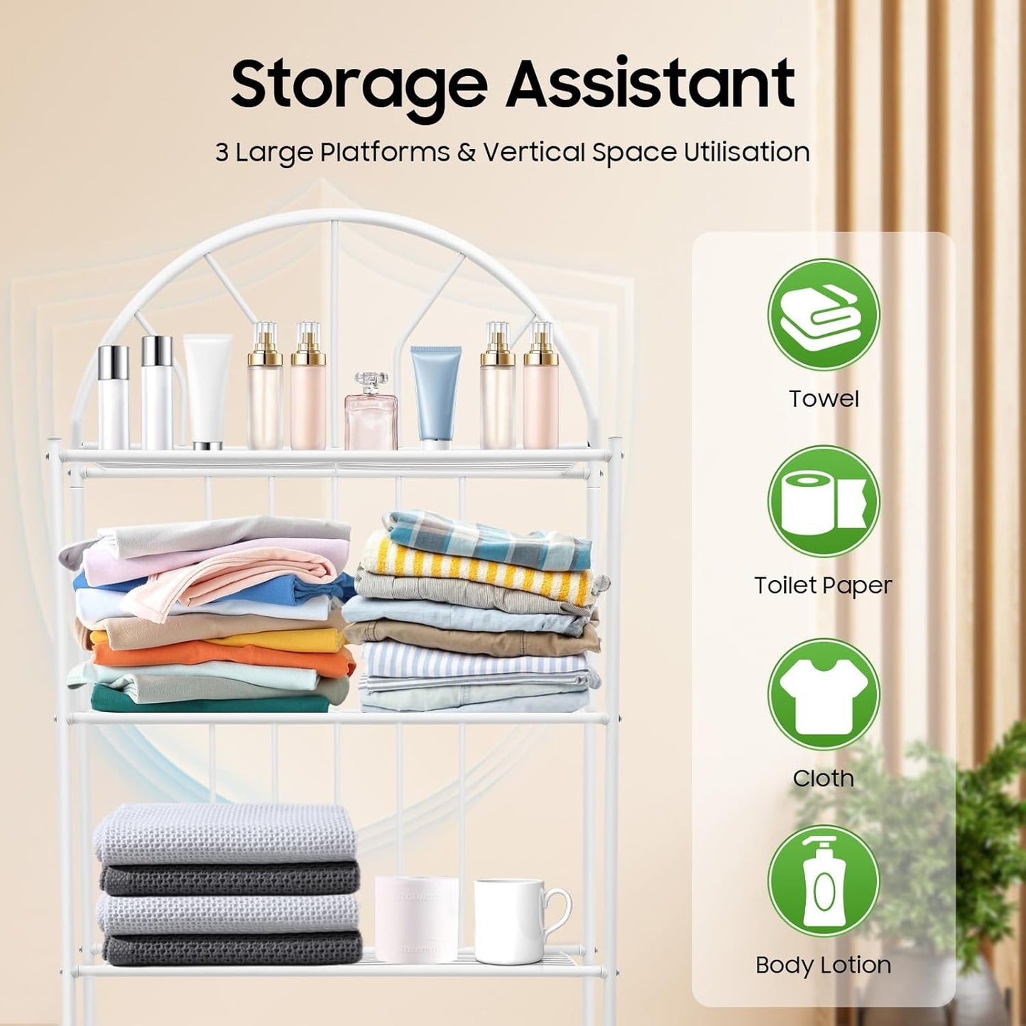 Over Toilet Storage Organizer - 3-Tier Bathroom Shelf Unit with 35.4" Clearance, 55Lb Capacity, White Freestanding Metal Rack for Toiletries & Towels