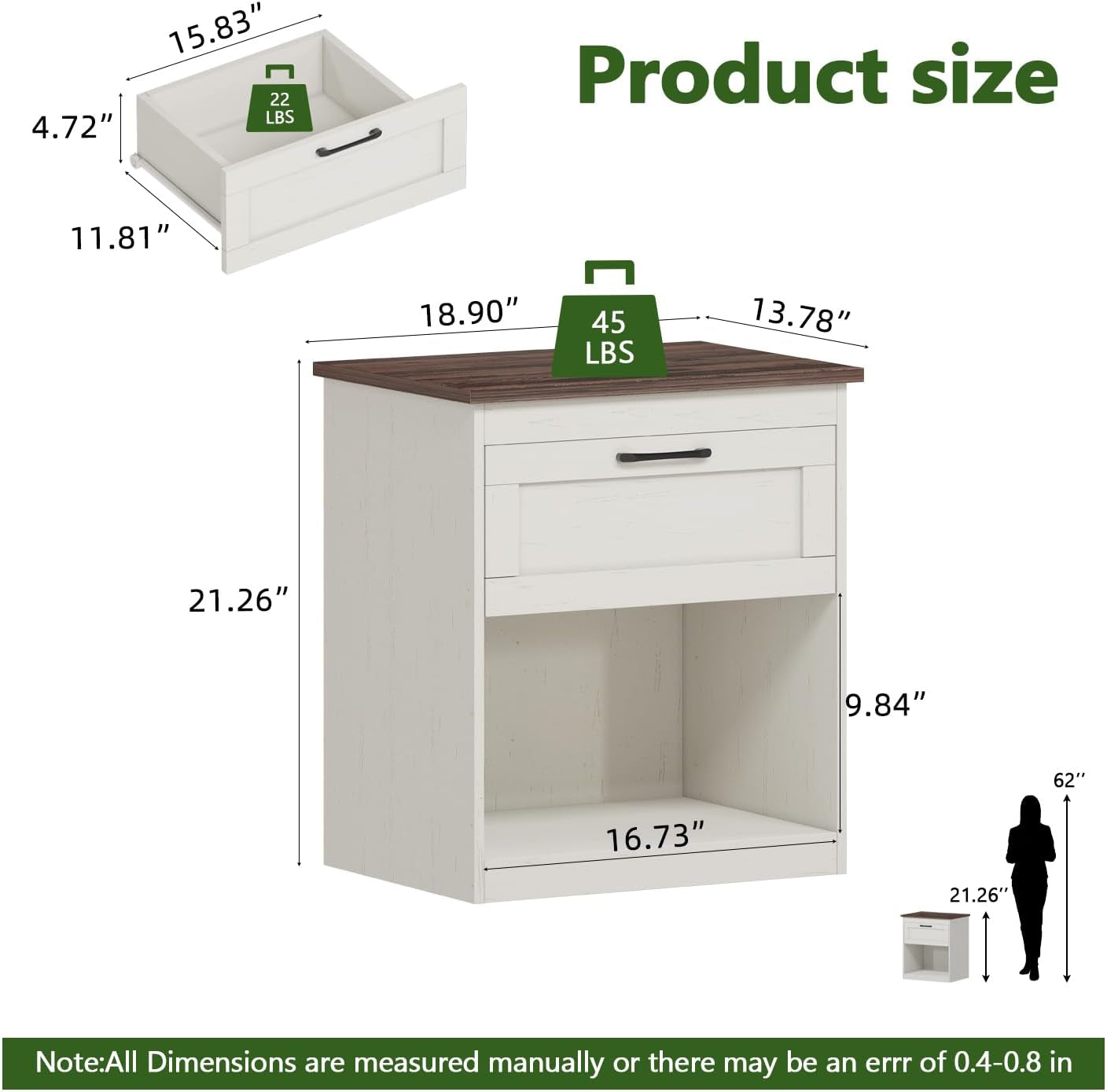 Farmhouse Nightstands Set of 2, Bedroom Night Stand with 1 Drawers, Wooden Bedside Tables 15.6" D X 18.7" W X 21.26" H, White and Brown Wood Grain Finish