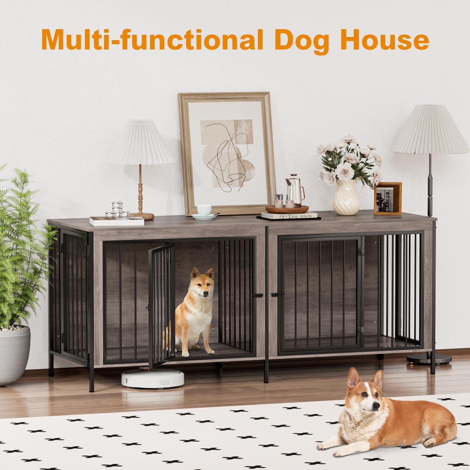 Dog Crate Furniture for 2 Dogs, 78" Double Dog Kennel Furniture Indoor for Large Dogs, XXL Wooden Furniture Dog Crate with Divider, Dog Kennel Dog Crates TV Stand, Grey
