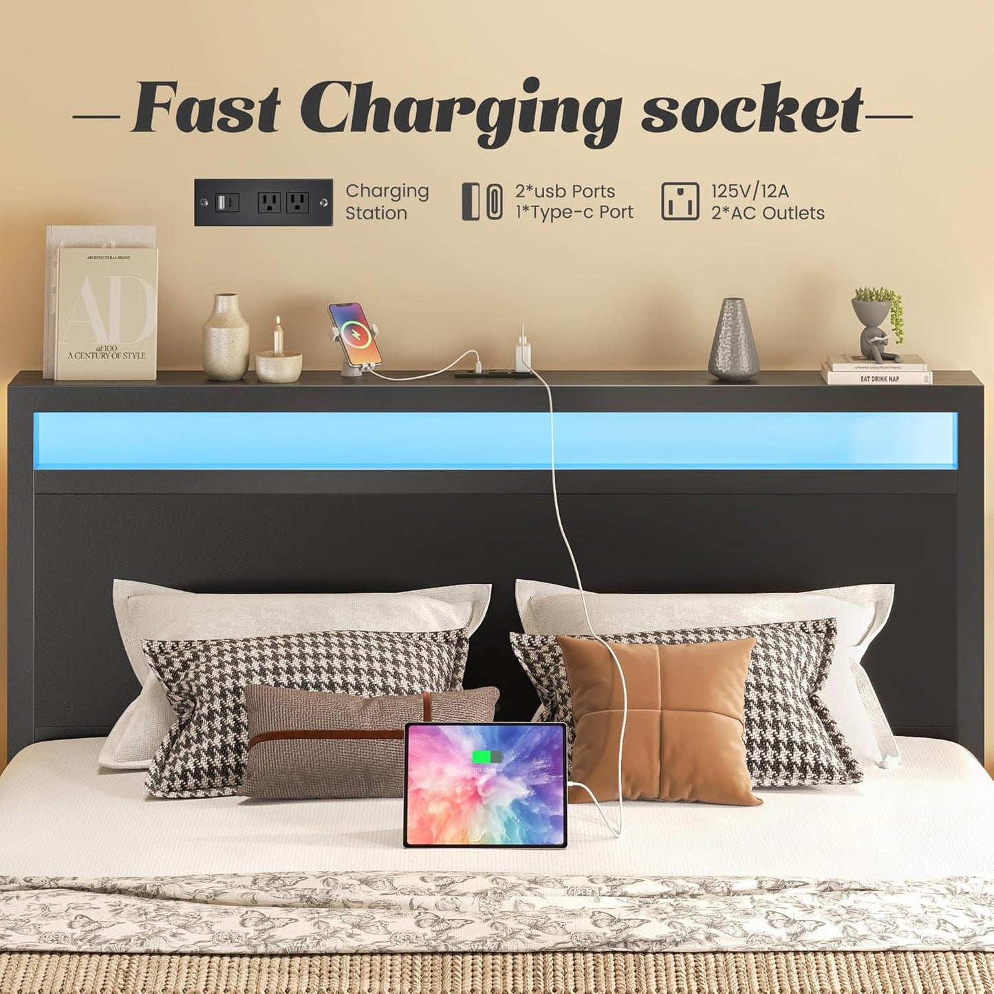 Queen Bed Frame with Headboard & Footboard, Bed Frame with Built-In Charging Station & LED Light, Storage Shelf, Noise-Free, No Box Spring Needed, Easy Assembly, Classic Black