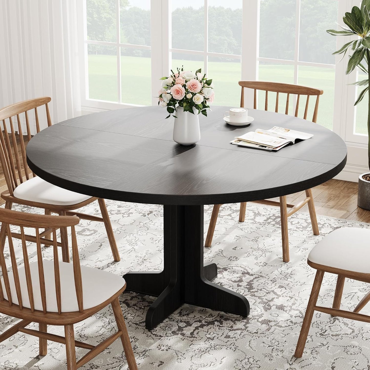 round Dining Table for 4, 47 Inches Dining Room Table with Wooden Base, Circle Kitchen Dinner Table for Dining Room, Kitchen, Living Room (Table Only), Black