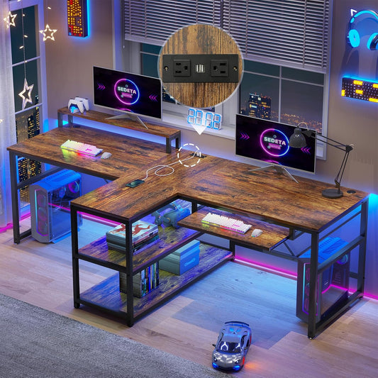 94.5" Home Office Desks, Computer Gaming Desk with Storage, LED Lights, Power Strip with USB, Keyboard Tray & Monitor Stand, Extra Long Double Desk for 2 Person, Rustic Brown