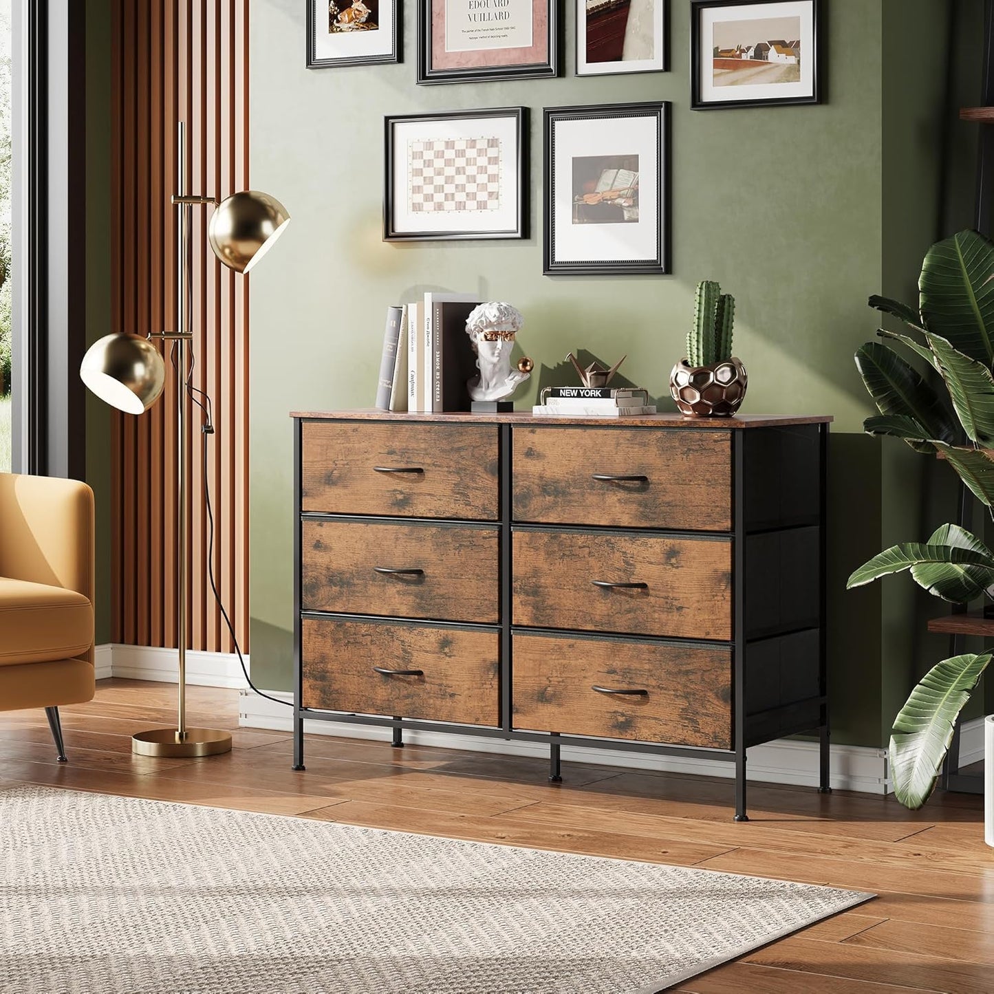 Dresser for Bedroom with 6 Drawers, Wide Fabric Dresser TV Stand for 50 Inches TV, with Metal Frame, Wooden Top, Fabric Storage Dressers for Bedroom, Hallway, Entryway, Rustic Brown