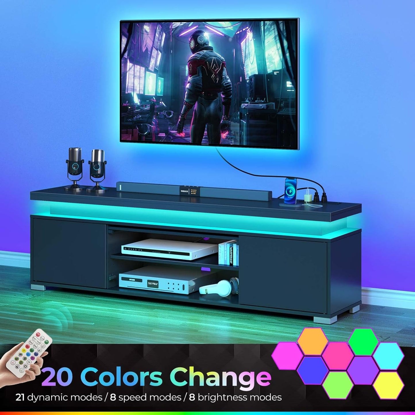 TV Stand with Power Outlet & LED Lights, Modern Entertainment Center for 32/43/50/55/65 Inchs Tvs, TV Table, Universal Gaming LED TV Media Stand with Large Storage Cabinet, Black