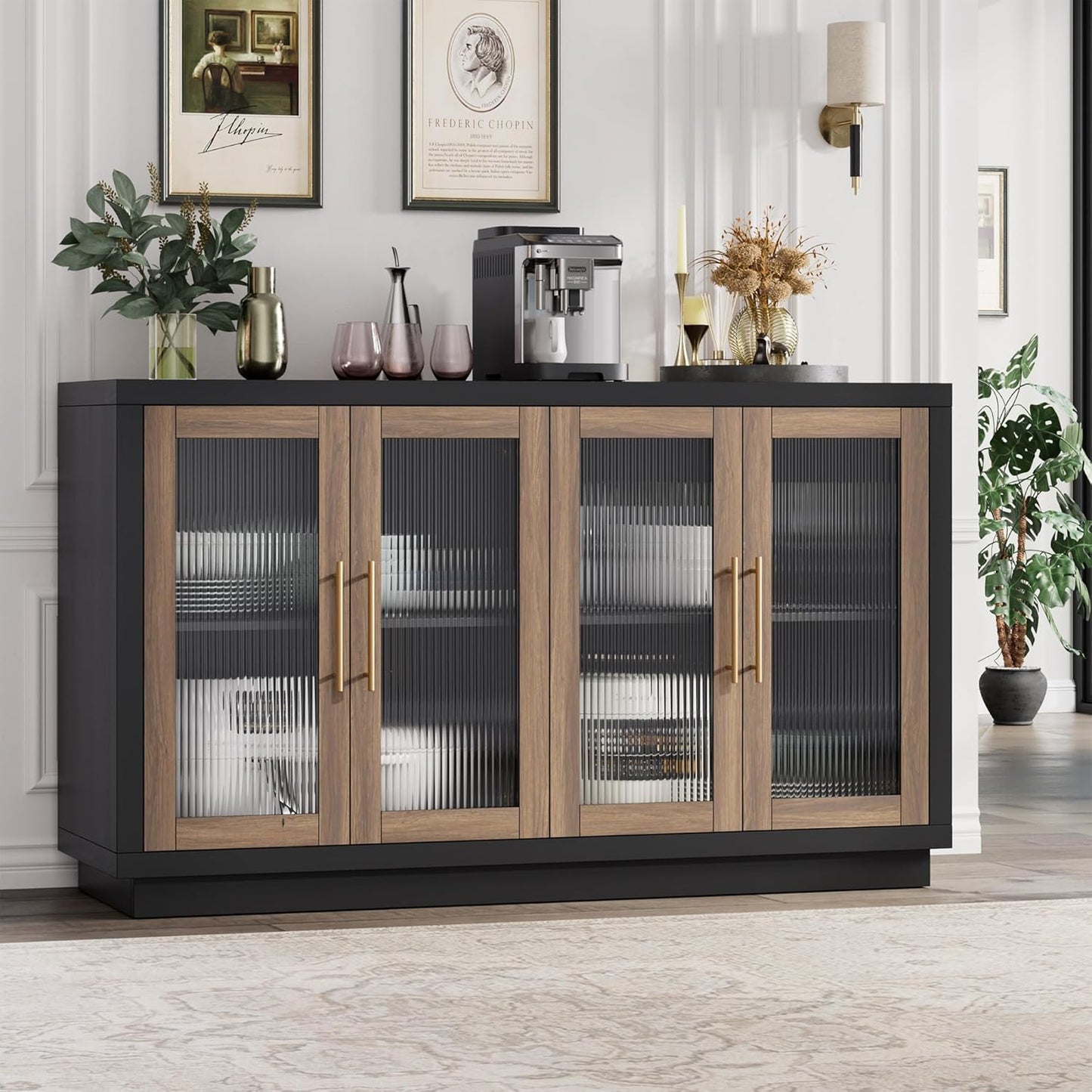 Buffet Cabinet with Storage, 55.1" Large Sideboard Buffet Table, Modern Sideboard Kitchen Cabinet with 4 Fluted Glass Doors, Wood Coffee Ba for Kitchen Dining Room, Black/Brown