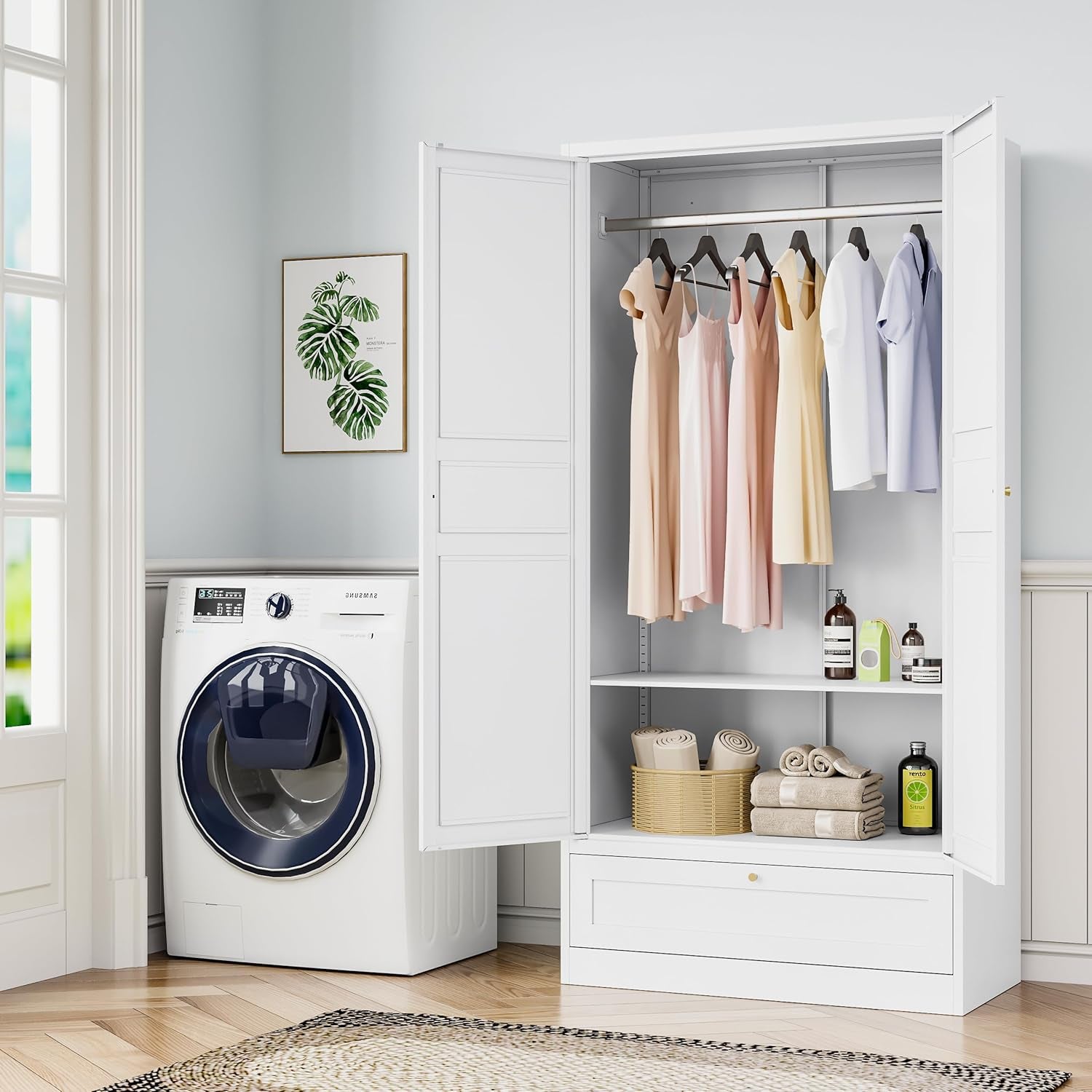 Metal Armoire Wardrobe Closet with 2 Doors 72'' Wardrobe Cabinet with Drawers and Hanging Rail Metal Closet with Adjustable Shelves for Bedroom. (White, with 1Drawer)