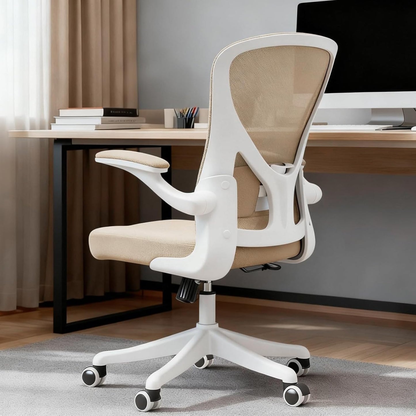Ergonomic Office Chair with Adjustable Lumbar Support & Flip-Up Armrests - High Back Computer Desk Chair with Thickened Seat Cushion, Rolling Wheels for Home/Office Study Work