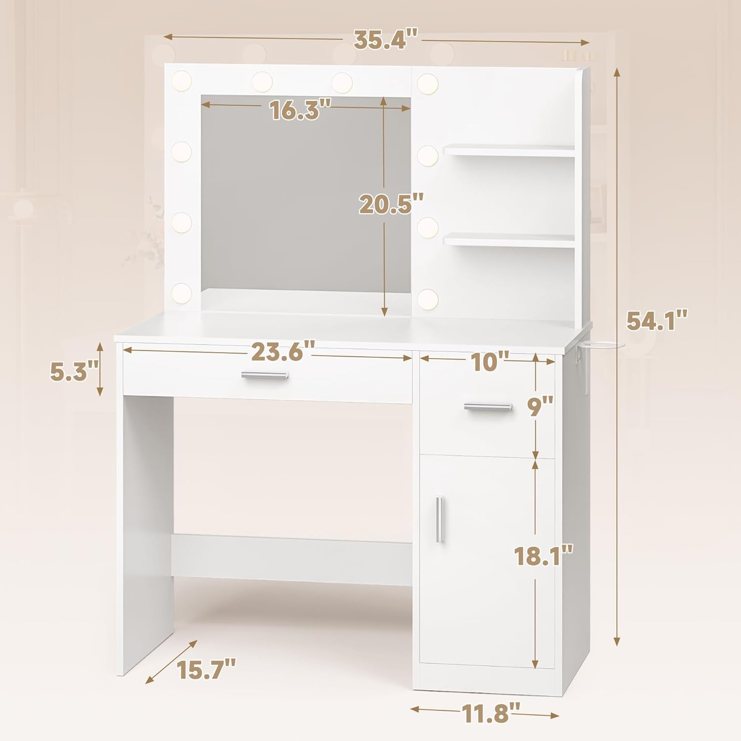 35.4" Vanity Desk with LED Mirror & Power Outlet, Makeup Vanity Table with 3 Open Storage Shelves, Drawers and Cabinet, 3 Model Adjustable Lights for Bedroom & Dressing Room (White)