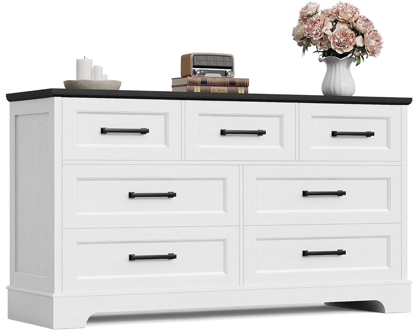 Farmhouse Dresser for Bedroom, 7 Drawers Dresser, Wood Chest of Drawers, 52" Wide Storage Dressers Organizer for Bedroom, Living Room, White and Black