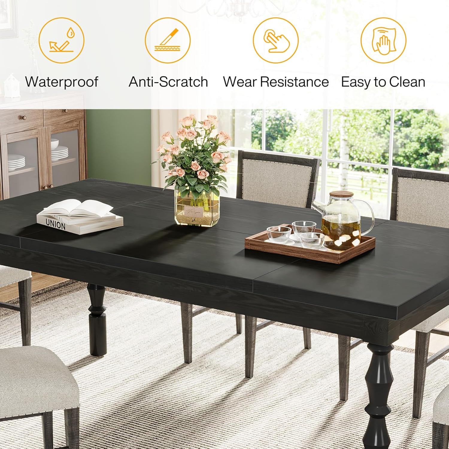 62” Wood Dining Table for 4-6 People, Farmhouse Large Rectangle Kitchen Table, Modern Dinner Table Kitchen & Dining Room Furniture with Carved Turned Legs