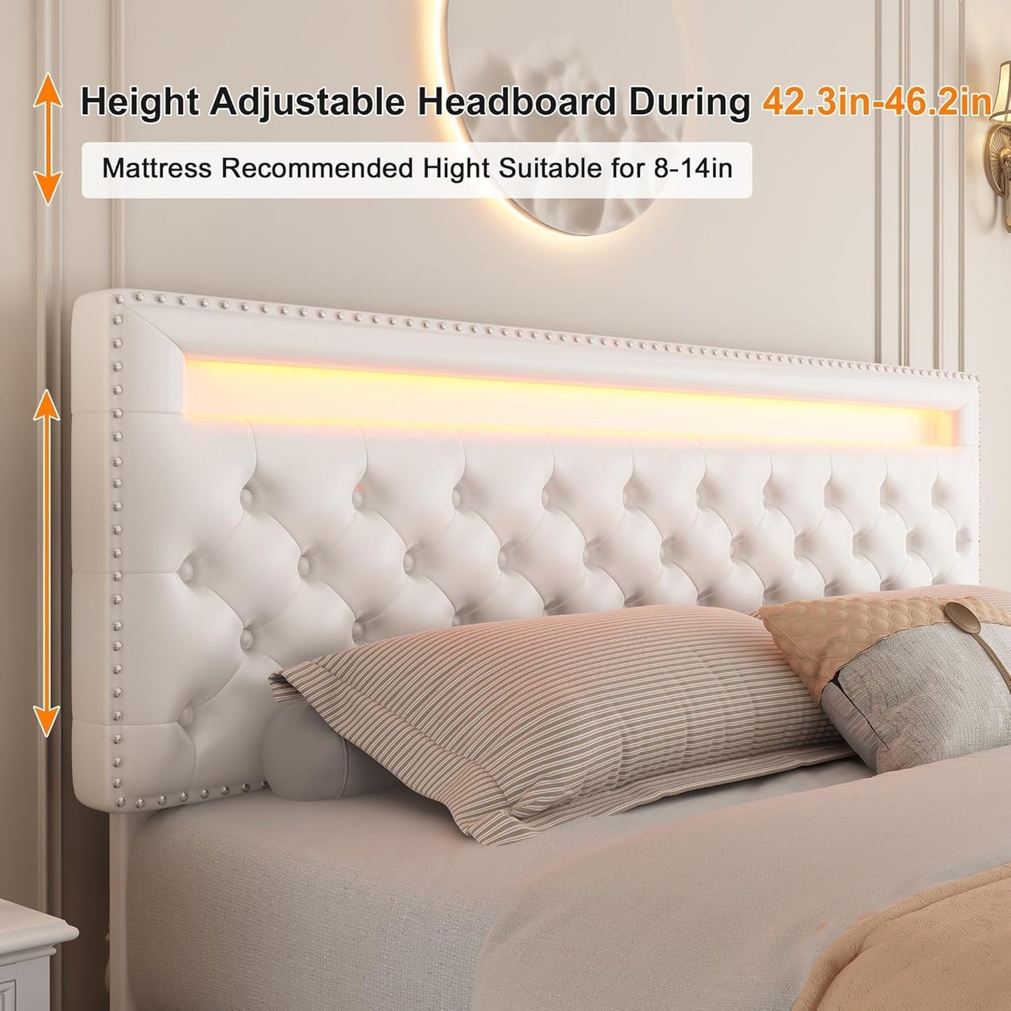 GEGOFORU Queen LED Bed Frame with 4 Storage Drawers, Adjustable LED Headboard, Remote & App Control Lights, Plush Upholstered Platform with Silver Nailhead Trim, No Box Spring Needed - White