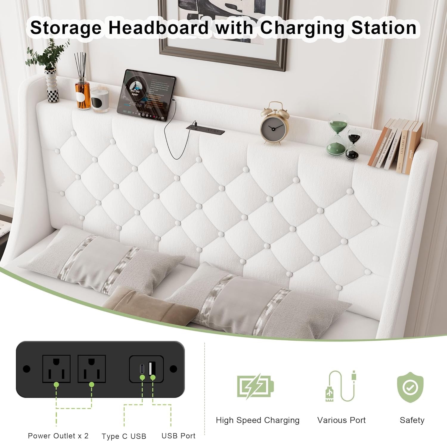 Upholstered Full Size Bed Frame with 4 Storage Drawers, Charging Station, Tufted Wingback Storage Headboard, No Box Spring Needed, Easy Assembly, White