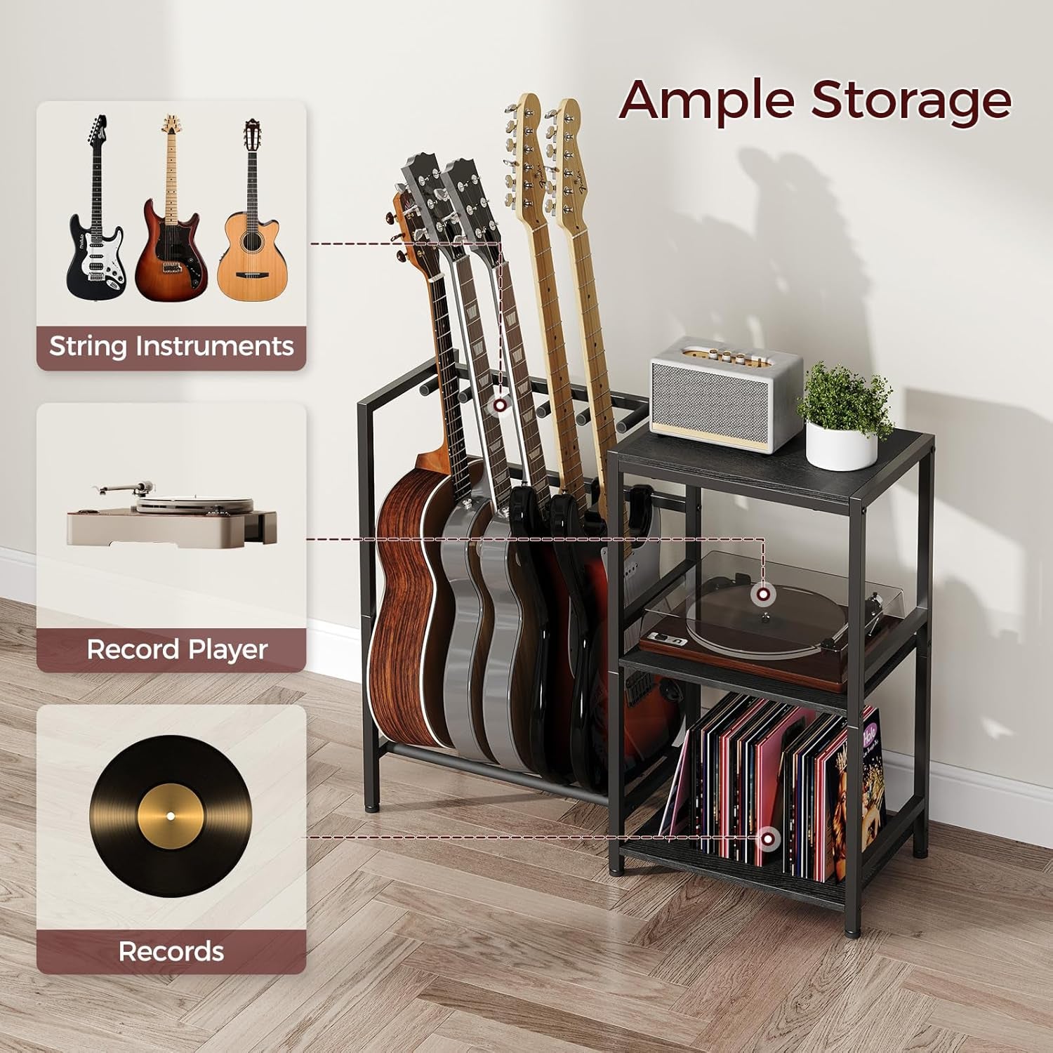 Guitar Stand, Guitar Holder for 4-5 String Instruments, Suitable for Acoustic Guitar, Bass, Guitar Rack with Side Shelves for Record Player, with Non-Slip Rubber Pads, Black GSBK9501