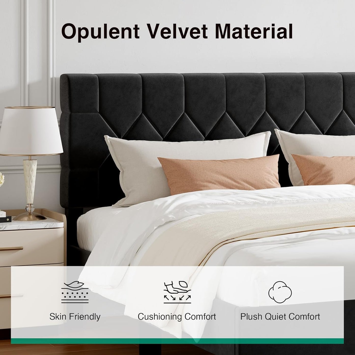 Queen Bed Frame with Headboard, Bed Frame Queen Size with Wood Slats Support, Linen Upholstered Pull-Point Headboard, No Box Spring Needed, Heavy Duty Feet, Easy Assembly, Beige