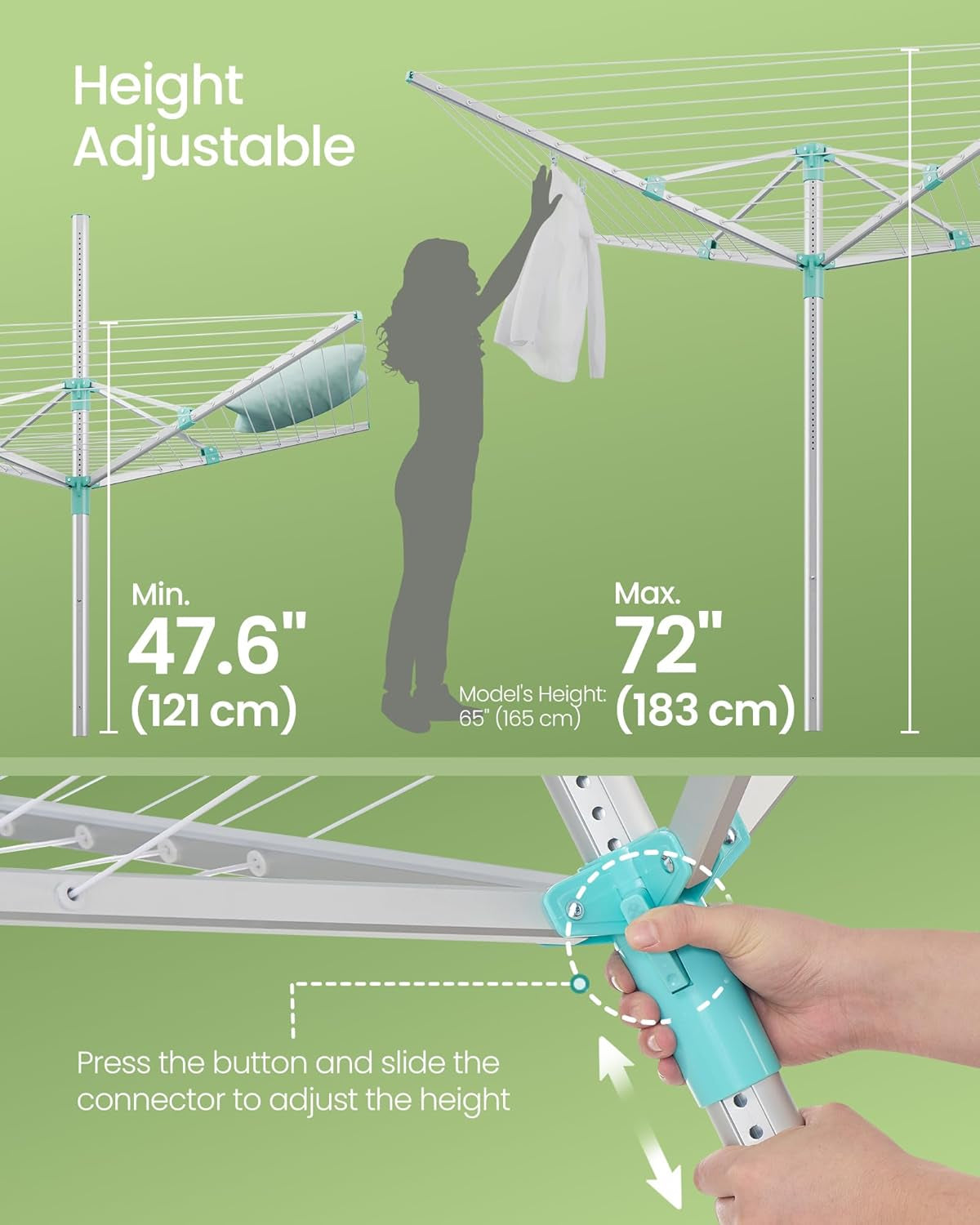 Umbrella Drying Rack, Retractable Outdoor Drying Rack, Height Adjustable, 164 Ft Long Clothesline, Holds 5 Laundry Loads, for Garden, with Ground Spike, Cover, Silver and Green ULLR301E01