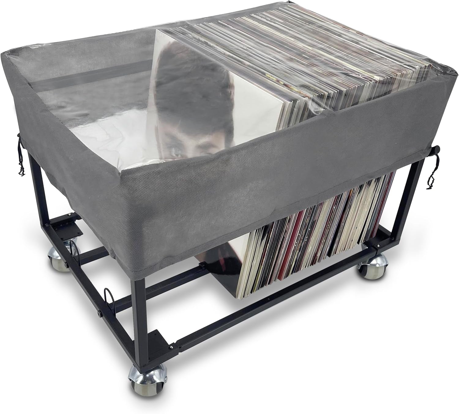 Vinyl Record Storage Holder on Wheels - with Dust Cover - Holds up to 100 LP - Album Holder Display Stand - Vinyl Record LP Storage Organizer - Sturdy Metal Structure(Smooth Black)…